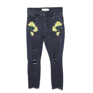 Streetwear Society Jeans Womens 3 Skinny Black Stretch Distressed Embroidered
